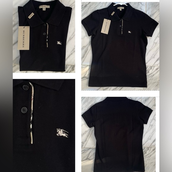 BURBERRY LONDON BLACK POLO WITH CHECK PLACKET EMBROIDERED WHITE LOGO SHIRT - Picture 6 of 16